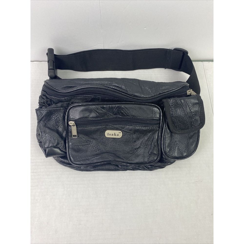 Vintage 90's Fanny Pack Waist Bag Black‎ Faux Leather Unisex Zippers ISAKA
